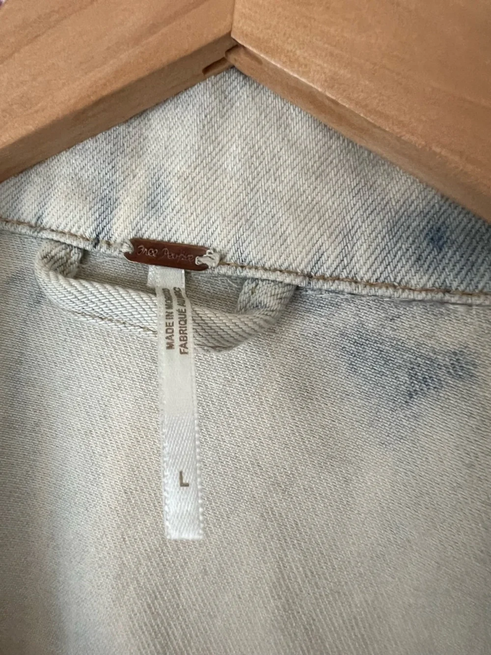 Free People Bleached Denim Jacket with Blue Tie-Dye Spots - Picture 3 of 5